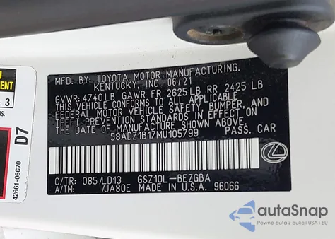 2021 Lexus Es 350 z USA, uszkodzony, nr VIN 58ADZ1B17MU105799